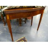 A LATE GEORGIAN MAHOGANY AND INLAID SERPENTINE FRONT FOLD OVER TEA TABLE ON SQUARE TAPER LEGS. W.
