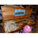 A VINTAGE BADMINTON SET IN ORIGINAL PINE BOX.