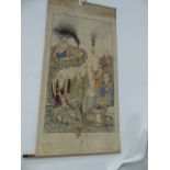 A LARGE ORIENTAL HANGING SCROLL OF VARIOUS RELIGIOUS FIGURES WITH SYMBOLS AND OFFERINGS, WATERCOLOUR
