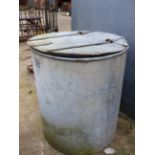 A VERY LARGE GALVANISED GRAIN BIN WITH HINGED LID.