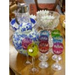 A SET OF SIX COLOURED HOCK GLASSES, TWO SIMILAR, THREE CUT GLASS BOWLS, A CUT GLASS LEMONADE JUG,