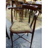 AN EDWARDIAN INLAID CORNER ARMCHAIR.