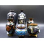 JAPANESE CLOISONNE WARES TO INCLUDE A PAIR AND TWO OTHER VASES, THE TALLEST 18.5cms TOGETHER WITH