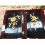 A PAIR OF JAPANESE CARVED BONE AND LACQUER PANELS OF HANGING FLOWER FILLED BASKETS, FLORAL DECORATED