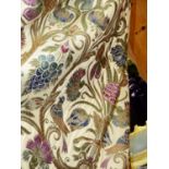 CURTAINS. THREE PAIRS OF FLORAL TAPESTRY PATTERN CURTAINS WTH RED VELVET LININGS AND TASSLE