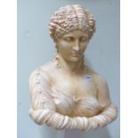 AN IVORY FINISH PLASTER BUST-CLYTIE. H.44cms PLUS PLINTH.