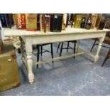 AN ANTIQUE COUNTRY PINE KITCHEN REFECTORY TYPE TABLE WITH SCRUB TOP AND PAINTED BASE. L.198 x W.77 x