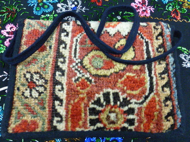 A RUSSIAN ART DECO COLOURFUL BEADED BLACK RUNNER. 68.5 x 142.5cms. A BEADED BAG, A PURSE, THREE - Image 9 of 11