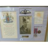 A GROUP OF AVIATION AND MILITARY PRINTS AND A FRAMED MEDAL DISPLAY. (4)