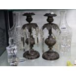 A PAIR OF 19th.C.FLORAL CAST BRONZE LUSTRE CANDLESTICKS. H.23.5cms TOGETHER WITH A PAIR OF LATER