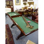 A RARE Wm.IV.MAHOGANY FOLD OVER BAGATELLE TABLE ON ORIGINAL TRESTLE BASE SUPPORTS.