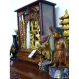 A GROUP OF CARVED AND LACQUERED ORIENTAL ORNAMENTS TO INCLUDE A SHRINE H.45cms, VARIOUS VASES,