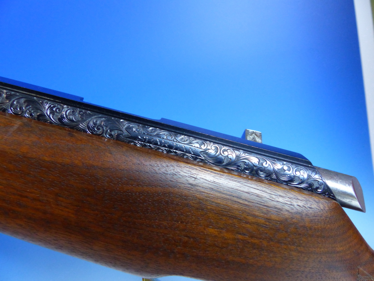 A RARE HAND MADE ISP SPARTAN AIR RIFLE No.10 WITH LEATHER STRAP. AMERICAN WALNUT STOCK ENGRAVED - Image 8 of 17