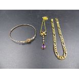 A 9ct GOLD EDWARDIAN AMETHYST AND PEARL DROP PENDANT (3.2grms), A DIAMOND AND ENAMEL BANGLE (4.