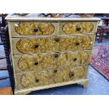 A 19th.C. SCUMBLE PAINT DECORATED PINE CHEST OF DRAWERS, TWO SHORT, THREE LONG ON BRACKET FEET. W.95