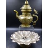 AN ORIENTAL BRASS DOME TOP COFFEE POT WITH DRAGON HANDLE TOGETHER WITH A PAIR OF EASTERN