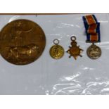 WWI DEATH PLAQUE TO GEORGE STIRLING TOGETHER WITH A WWI TRIO OF MEDALS TO F.P.HUNT No.1019 ROYAL
