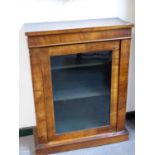 A VICTORIAN WALNUT AND BOXWOOD LINE INLAID GLAZED SIDE CABINET ON PLATFORM BASE. W.71cms.