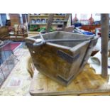 A LARGE ANTIQUE SQUARE FORM BUCKET WITH WROUGHT IRON HANDLE STAMPED HOPCRAFT.