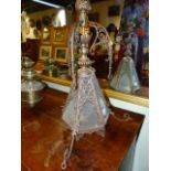 AN ARTS AND CRAFTS HANGING HALL LIGHT FITTING TOGETHER WITH A THREE BRANCH HANGING OIL LAMP FITTING,