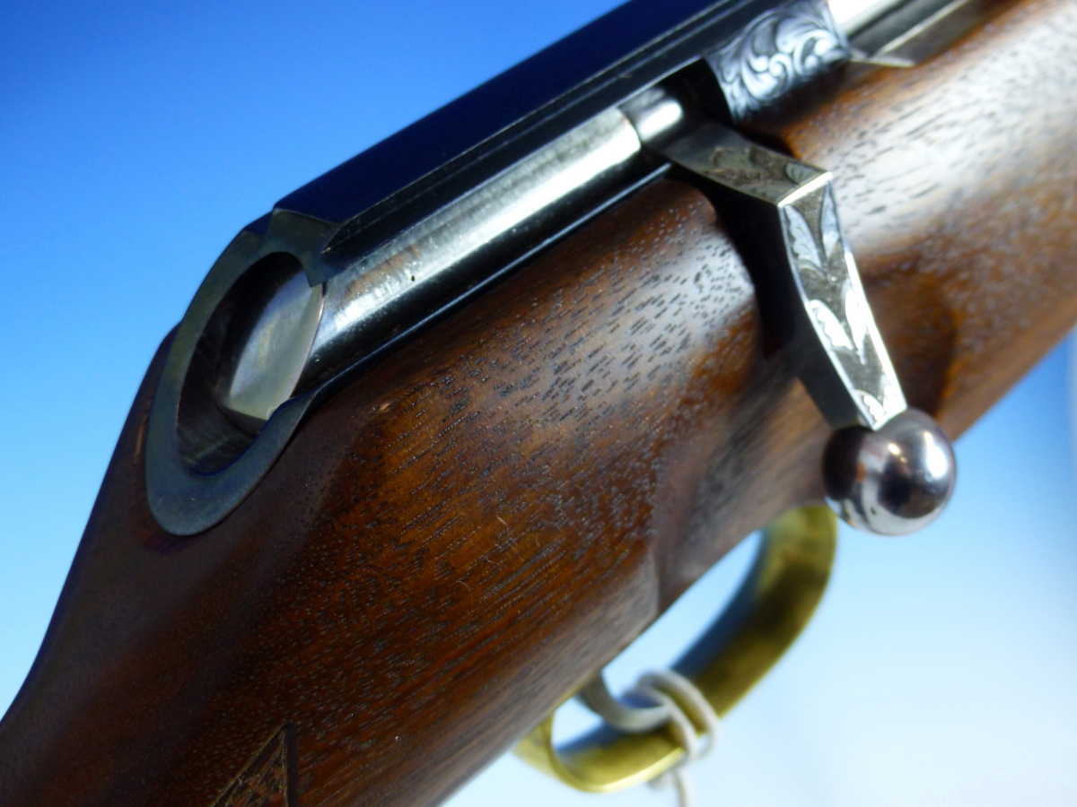 A RARE HAND MADE ISP SPARTAN AIR RIFLE No.10 WITH LEATHER STRAP. AMERICAN WALNUT STOCK ENGRAVED - Image 5 of 17