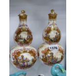 A PAIR OF GERMAN DRESDEN DOUBLE GOURD VASES AND COVERS, PAINTED WITH PAIRS OF HEROLDT STYLE PORT