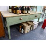 A 19th.C.PINE SCULLERY SIDE TABLE WITH TWO DRAWER PAINTED BASE. W.152 x H.72 x D.64cms.