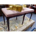 A GOOD QUALITY LATE VICTORIAN MAHOGANY SIX LEG DRESSING STOOL WITH TURNED LEGS. W.93 x H.45 x D.