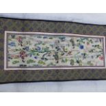 SIX CHINESE SILKWORK PANELS, VARIOUS DESIGNS OF FIGURES AND FLOWERS. LARGEST. 40 x 56cms.