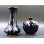 TWO JAPANESE MIDNIGHT BLUE CLOISONNE VASES, ONE OF BOTTLE SHAPE DECORATED WITH SONGBIRDS AND