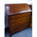 A GOOD EARLY 19th.C.MAHOGANY AND INLAID BUREAU WITH FITTED INTERIOR OVER FOUR GRADUATED DRAWERS. W.