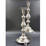 A PAIR OF 19th C. EMBOSSED CANDLESTICKS. DATED 1898 LONDON. HEIGHT 36cms. WEIGHT 848grms.