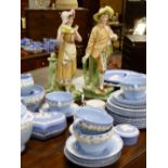 A WEDGWOOD QUEENS WARE TEA SERVICE, OTHER WEDGWOOD JASPERWARE AND A PAIR OF BISQUE FIGURINES. (QTY)