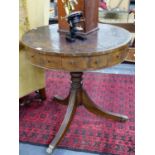 A 19th.C.MAHOGANY AND INLAID DRUM TOP TABLE ON TRIPOD SUPPORT WITH LATER LEATHER INSET TOP.