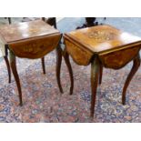 TWO SIMILIAR ANTIQUE FRENCH LOUIS XV STYLE INLAID ORMOLU MOUNTED CENTRE TABLES WITH DROP LEAVES,