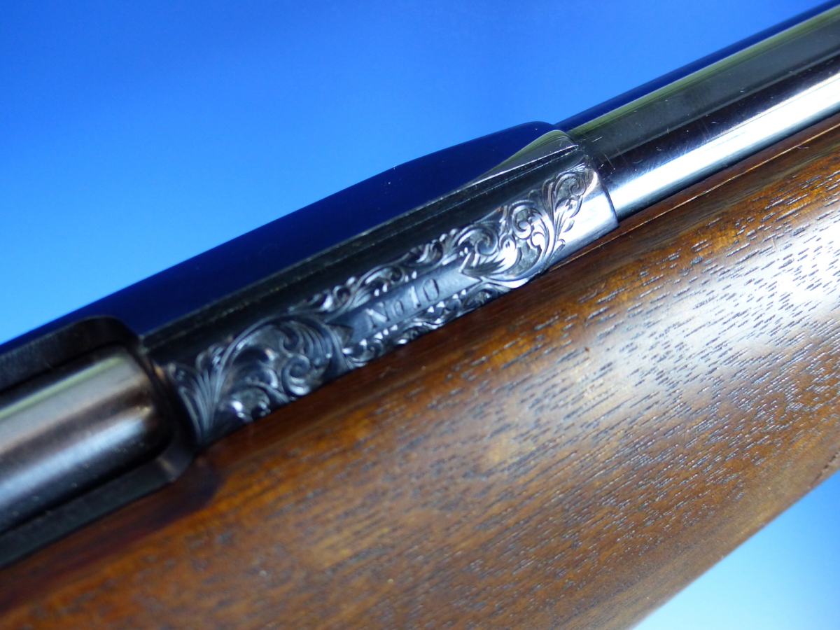 A RARE HAND MADE ISP SPARTAN AIR RIFLE No.10 WITH LEATHER STRAP. AMERICAN WALNUT STOCK ENGRAVED - Image 4 of 17