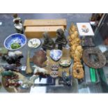 A COLLECTION OF CHINESE CLOISONNE, HARDSTONE AND SOAPSTONES TOGETHER WITH ORIENTAL PORCELAINS AND