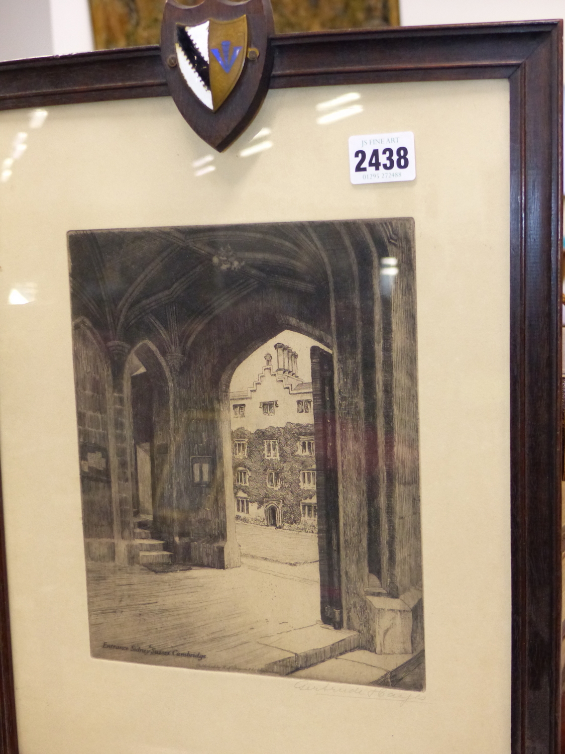 CAMBRIDGE COLLEGE. A SET OF FIVE OAK FRAMED ETCHINGS, EACH PENCIL SIGNED GERTRUDE HAYES TOGETHER