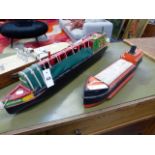 A SCRATCH BUILT MODEL CANAL BOAT TOGETHER WITH A SIMILAR MODEL RIVER BARGE. (2)