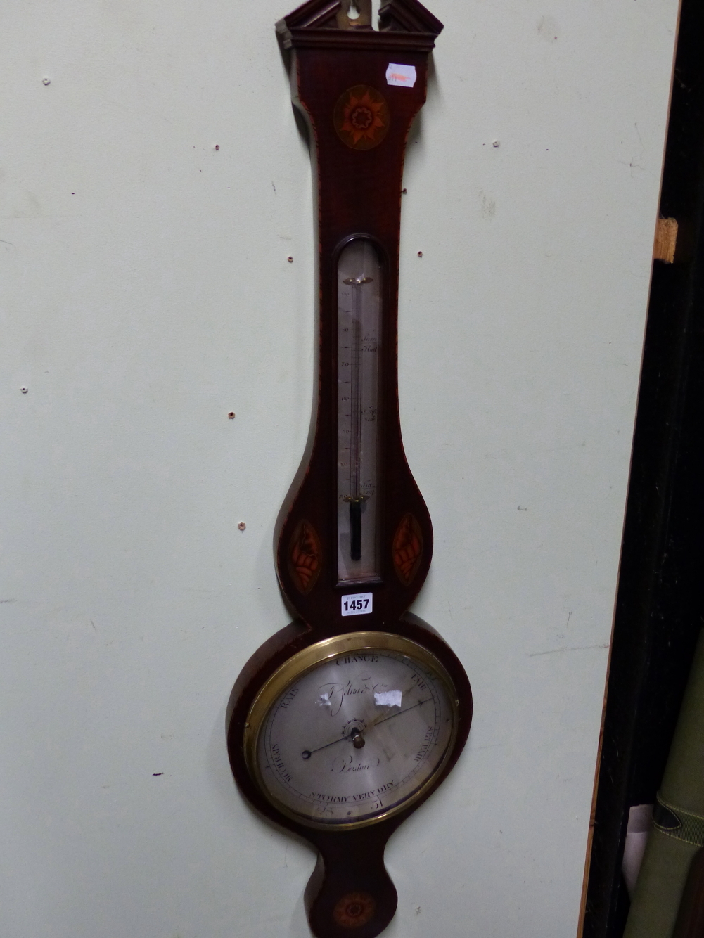 A REGENCY MAHOGANY AND INLAID BAROMETER WITH SILVERED DIAL SIGNED J.SELVA & Co, BOSTON.