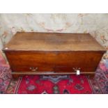 A 19th.C.OAK BLANKET BOX WITH RISING LID AND TWO DRAWERS STANDING ON BRACKET FEET.