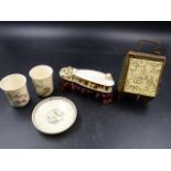 ORIENTAL CARVED IVORIES TO INCLUDE TWO TALL CUPS, ONE SAUCER, A CARVING OF THE CLAM'S DREAM AND A