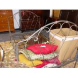 A VINTAGE WROUGHT IRON BED OF FRENCH DESIGN, FRAME SIZE. W.116 x L.185cms.