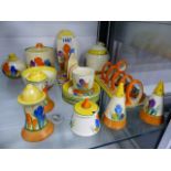 NEWPORT AND WILKINSON POTTERIES CLARICE CLIFF BIZARRE CROCUS PATTERN. A COLLECTION OF CONDIMENTS,