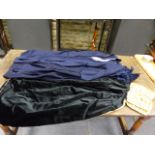 A BLACK VELVET LADIES CAPE WITH QUILTED GOLD COLLAR, A BLUE CLOTH CAPE WITH SATIN COLLAR AND A