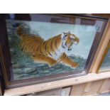 20th.C.ORIENTAL SCHOOL. A ROARING TIGER, SIGNED WITH CHARACTER AND SEAL MARKS. 43 x 66cms.