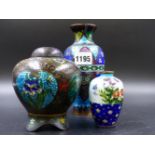 THREE JAPANESE CLOISONNE WARES FEATURING EMBOSSED SILVER FOIL GROUNDS, TWO VASES, H. 17 & 9cms AND A