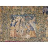 AN EARLY FRENCH TENT STITCH MARRIAGE TAPESTRY DEPICTING CHASTITY VICTORIOUS OVER LUST WITH ELABORATE
