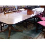 AN IMPRESSIVE ANTIQUE MAHOGANY THREE PILLAR DINING TABLE, EACH PILLAR ON STOUT QUADRUPED SABRE