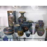 A COLLECTION OF JAPANESE CLOISONNE OVERLAID CERAMICS COMPRISING SIX GINGER JARS, FOUR VASES, THE